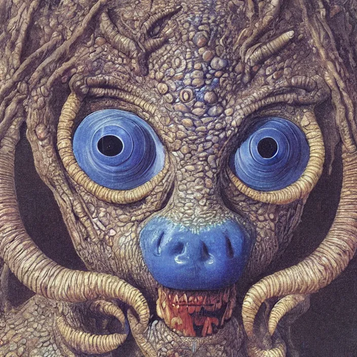 Prompt: close up portrait of a mutant monster creature with four lapis - lazuli eyes, knife - like teeth, round conch fractal horns, insect antennae. jan van eyck, wayne barlowe