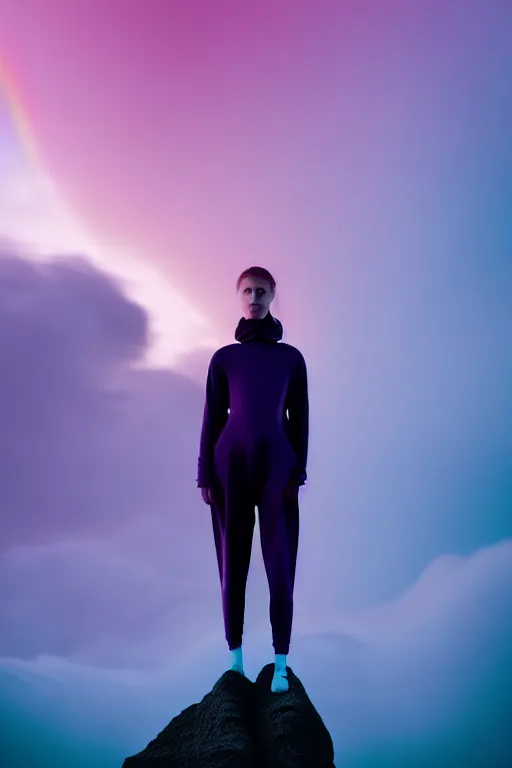 Image similar to high quality pastel coloured film close up wide angle photograph of a model wearing clothing resting on cloud furniture in a icelandic black rock!! environment in a partially haze filled dreamstate world. three point light, rainbow. photographic production. art directed. pastel colours. volumetric clouds. pastel gradient overlay. waves glitch artefacts. extreme facial clarity. 8 k. filmic.