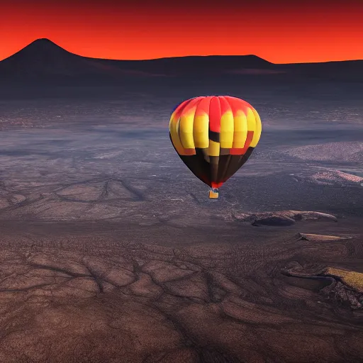 Image similar to hot air balloon travelling over the dark skies of Mordor. Mt doom is in the distance and lava can be seen. Ultra widescape shot. Photorealistic 4k IMAX 35mm sharp focus