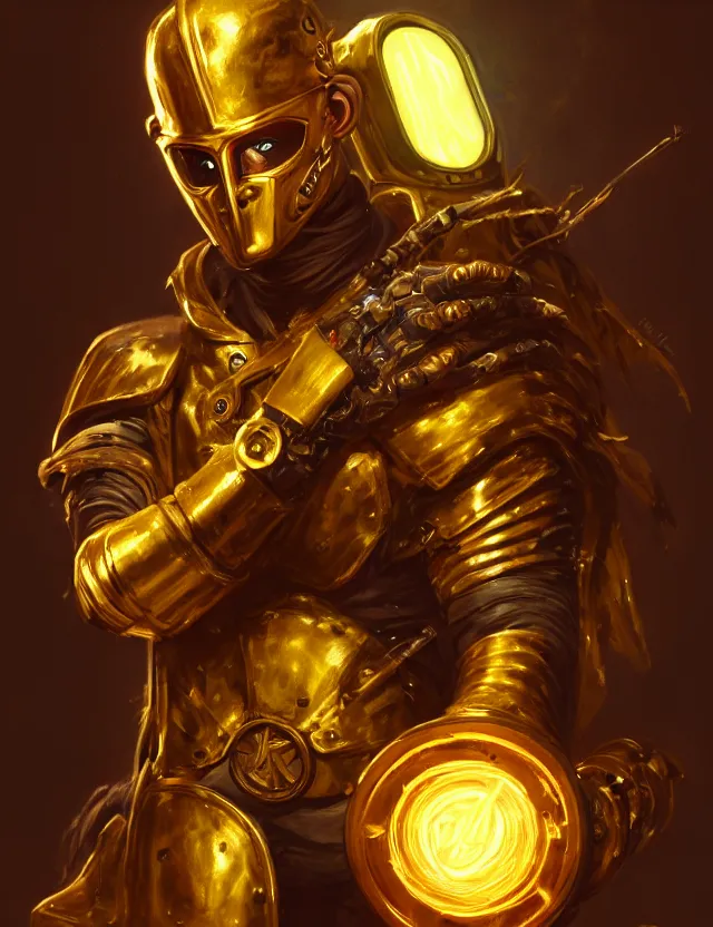 Image similar to a masked cyberpunk warrior in golden armour with a glowing golden gauntlet, surrounded by crackling golden lightning and energy, by frank fazetta and peter mohrbacher, trending on artstation, digital art, 4 k resolution, detailed, high quality, sharp focus, hq artwork, coherent, insane detail, concept art, character concept, character full body portrait