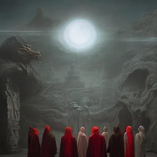 Prompt: A group of people in Sith lord robes pray to a red marble serpent statue, the scene is lit by a red moon., Matte painting , detailed painting, greg rutkowski