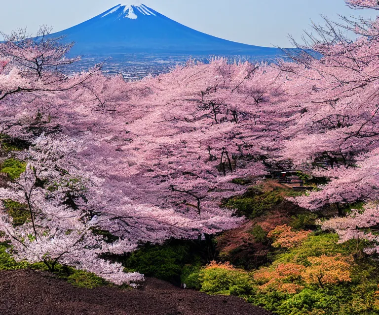 Prompt: mount fuji, japanese landscape with sakura trees, seen from a window of a train. beautiful! dlsr photo