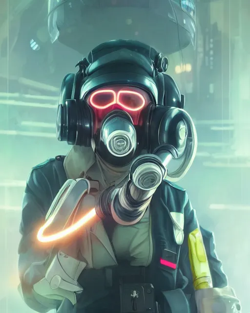 Image similar to anime key visual of a young female police officer, neon, futuristic gas mask, cyberpunk, futuristic, stunning, highly detailed, digital painting, artstation, smooth, soft focus, illustration, art by artgerm and greg rutkowski and alphonse mucha