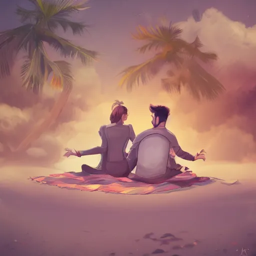 Prompt: a beautiful couple relaxing on the beach, studio ghibi, Trending on artstation