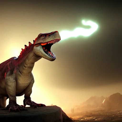 Prompt: dinosaur wearing sunglasses, rending on cinematic lightning, medium shot, mid-shot, highly detailed, trending on Artstation, Unreal Engine 4k, cinematic wallpaper
