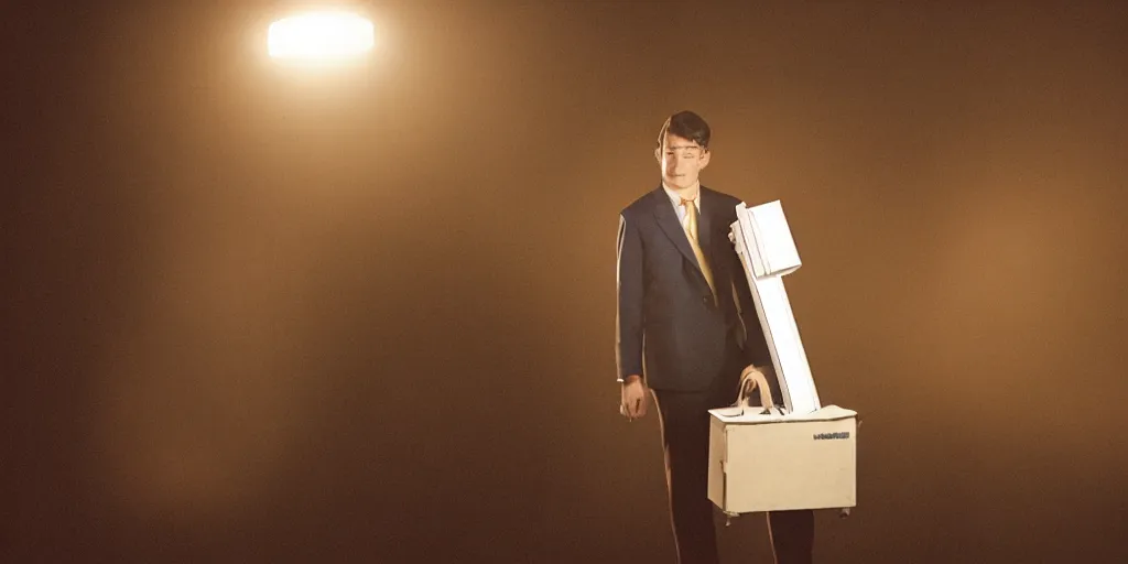 Prompt: a man in a brown suit holding a homemade time machine, cinematic, 5 0 mm lens, dramatic lighting, shot on arri alexa, filmic