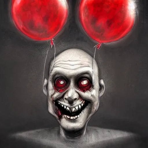 Prompt: surrealism grunge cartoon portrait sketch of a zombie with a wide smile and a red balloon by - michael karcz, loony toons style, mad max style, horror theme, detailed, elegant, intricate