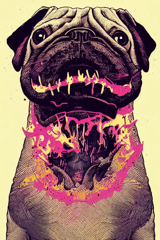 Image similar to demon pug eating flesh. art by mike winkelmann, sticker, colorful, illustration, highly detailed, simple, smooth and clean vector curves, no jagged lines, vector art, smooth