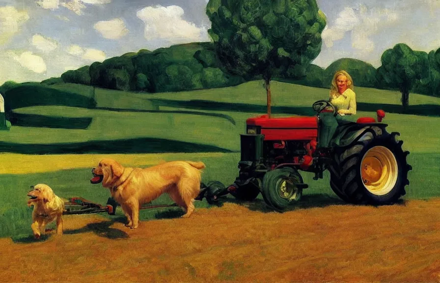 Prompt: a golden retriever driving a tractor, american realism style, edward hopper, george bellows, bo bartlett, jamie wyeth