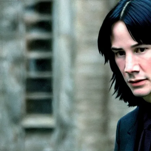 Image similar to Film Still of a Young Keanu Reeves playing a Young Severus Snape in Harry Potter, Film Still, realistic, hyperrealistic, very realistic, very very realistic, highly detailed, very detailed, extremely detailed, detailed, detailed face, very detailed face, very detailed face, realism, HD Quality, 8k resolution, intricate details, body and head in frame, Real Life