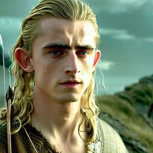 Image similar to timothee chalamet as legolas, with long blonde hair, a still from the film lord of the rings