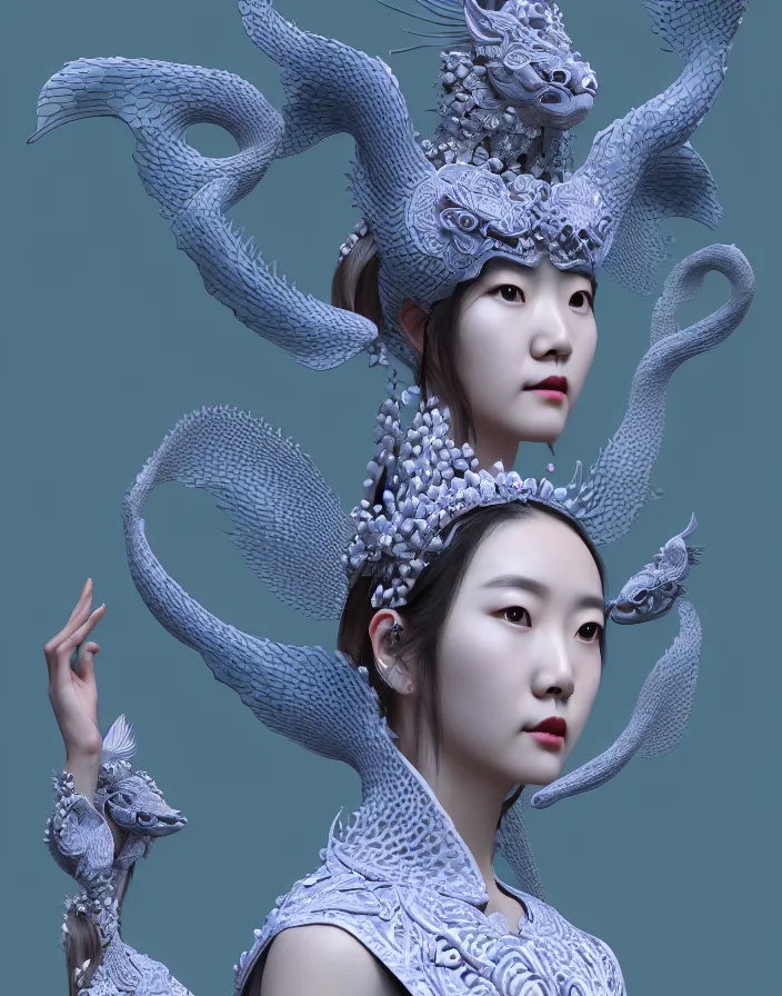 Image similar to 3 d goddess medium shot profile portrait. beautiful intricate highly detailed korean gumiho mask and traditional korean hanbok. stingray, magpie, stingray, magpie, bioluminescent, plasma, lava, ice, water, wind, creature, fog, artwork by tooth wu and wlop and beeple and greg rutkowski, 8 k trending on artstation,