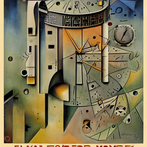 Image similar to futuristic abyssal 1 9 2 0's reservoir fractal warbler clock palm courtyard, by joan miro and monsu desiderio and anton pieck, movie poster, lowbrow, trending on cgsociety