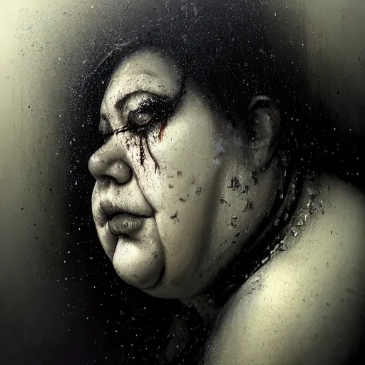 Image similar to portrait of the face of big fat old sumoringer as despair from sandman, venus of willendorf, by jeremy mann, by gregory crewdson, by bastien lecouffe deharme, by russ mills, sad face, topknot, black hair, mourning, black eyes, white room, soft lightning, high detailed, 8 k