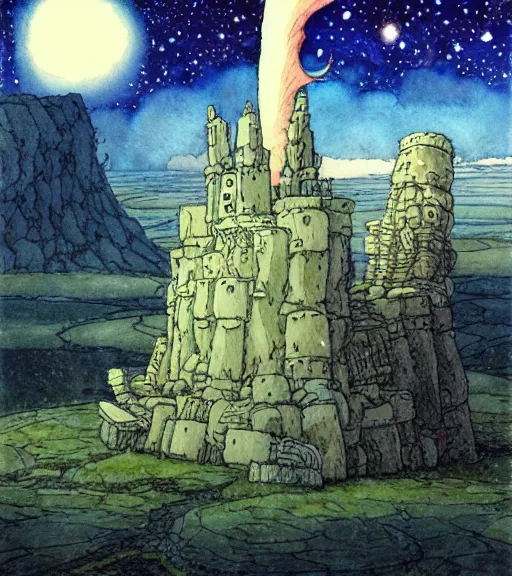 Image similar to hyperrealist studio ghibli watercolor fantasy concept art of an immense ufo from howl's moving castle sitting on stonehenge like a stool. it is a misty starry night. by rebecca guay, michael kaluta, charles vess