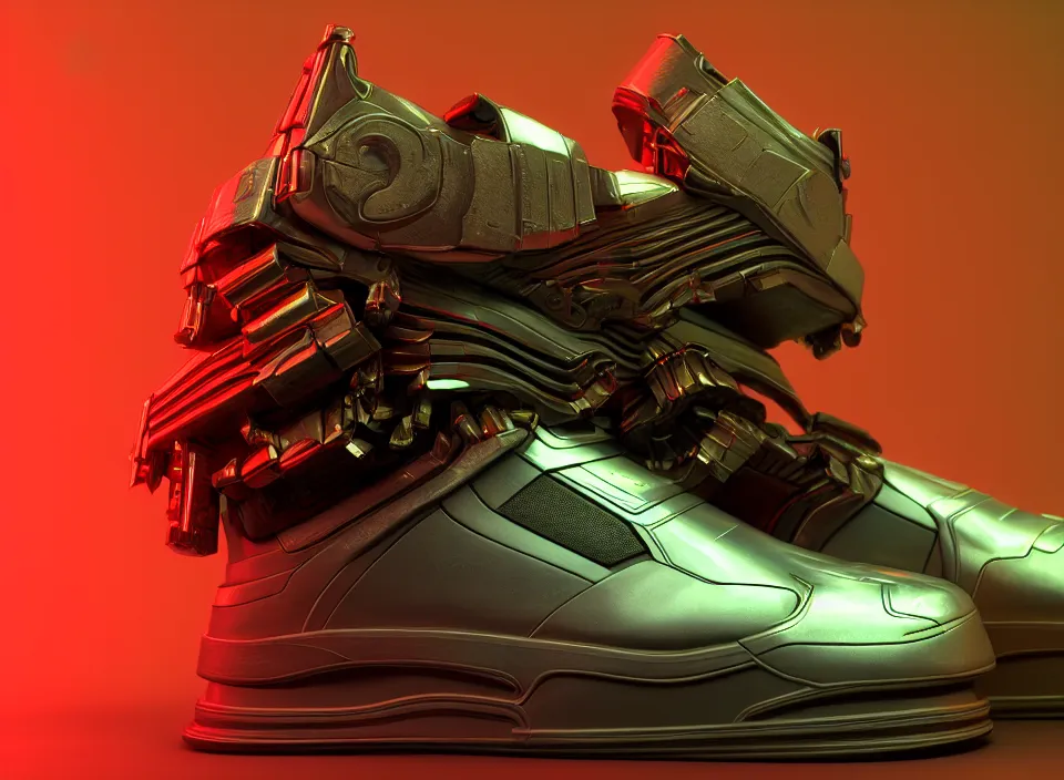 Image similar to realistic 3 d render of a cyberpunk android sneaker, beautiful studio lighting, soft, sharp focus, neon cyberpunk highlights, intricate detail, gold and red accents, soft rubber, octane render, side view, close up, trending on artstation, deviantart, jakub rebelka