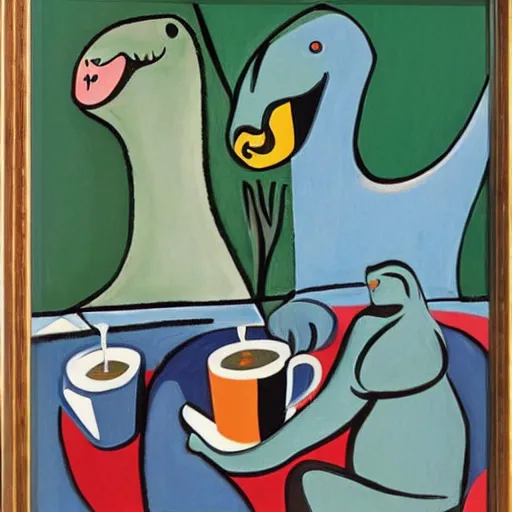 Prompt: dinosaurs drinking coffee, Pablo Picasso