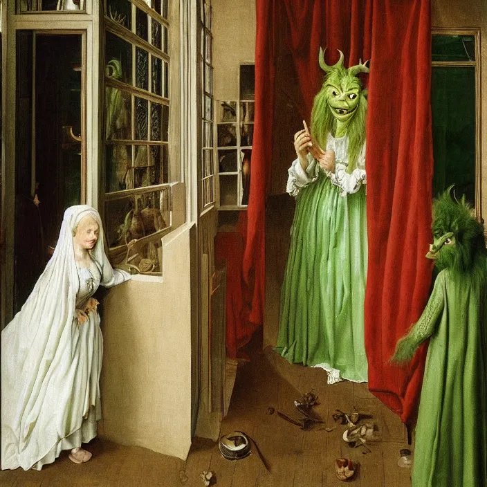 Image similar to a green-horned goblin monster peeks through a window, staring at a woman in a white dress, by Jan van Eyck