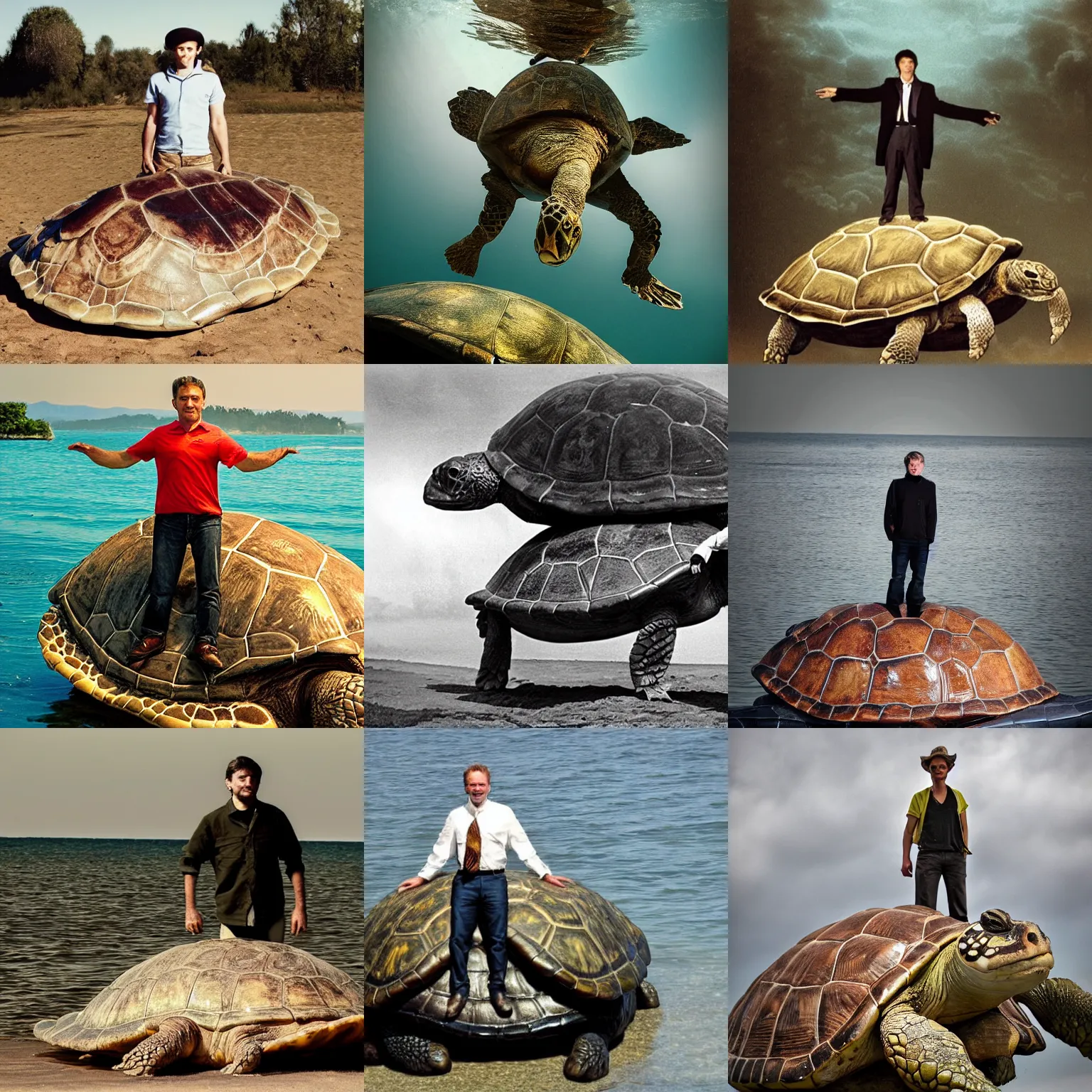 Prompt: award wining photograph of a man standing on a giant turtle