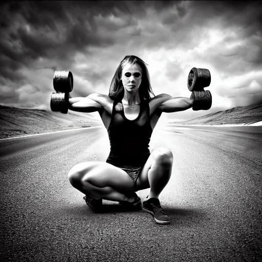 Image similar to car, bodybuilder, woman, holding, road, photo, digital art, hands, underbody, tire, standing, side