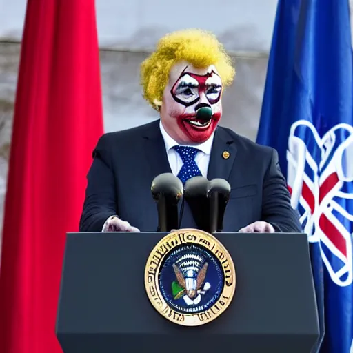 Image similar to president with clown makeup in a podium next to an angry first minister