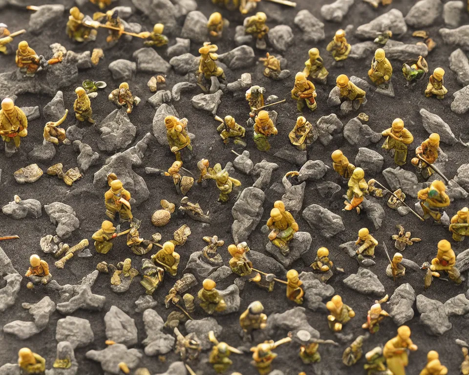 Prompt: close-up, hi-res photo of miniature tin soldiers navigating a zen garden.