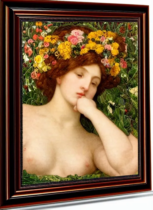 Image similar to masterpiece beautiful seductive flowing curves preraphaelite face portrait amongst flowers, extreme close up shot, straight bangs, thick set features, yellow ochre ornate medieval dress, laying amongst foliage mushroom forest circle arch, frederic leighton and kilian eng and rosetti and preraphaelites, william morris, framed, 4 k