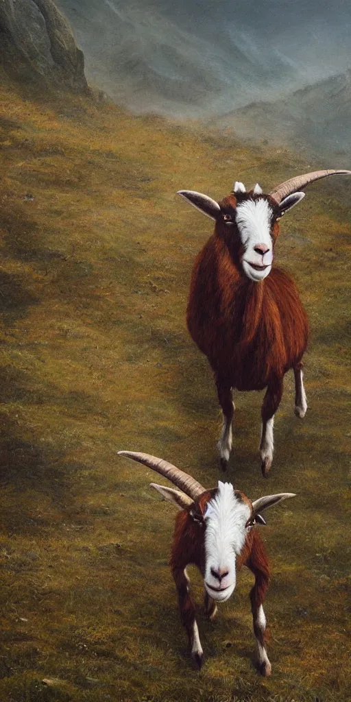 Image similar to a surreal painting of a goat in alpine mountains, photorealistic, cinematic, dramatic, vivid, dark and beautiful, higly, civilized, cinematic lighting