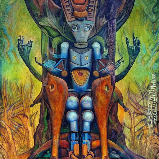 Image similar to robot seizes the forest throne, by Annie Swynnerton and Diego Rivera, symbolist, dramatic lighting, elaborate geometric ornament, tattoos, Art Brut, soft cool colors,smooth, sharp focus, extremely detailed