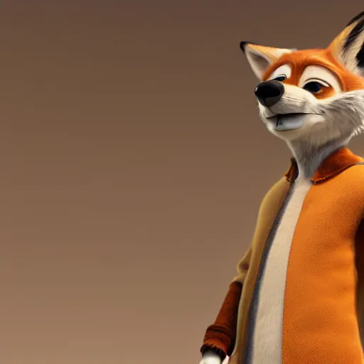Image similar to 3 d render, portrait, anthropomorphic fox, male, in a brown leather maxi jacket, in the style of zootopia, closeup