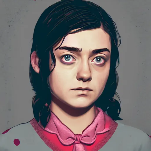 Prompt: Portrait of arya stark next to hello kitty in the style of Disco Elysium, digital drawing by Pavlo Guba, strong red hue