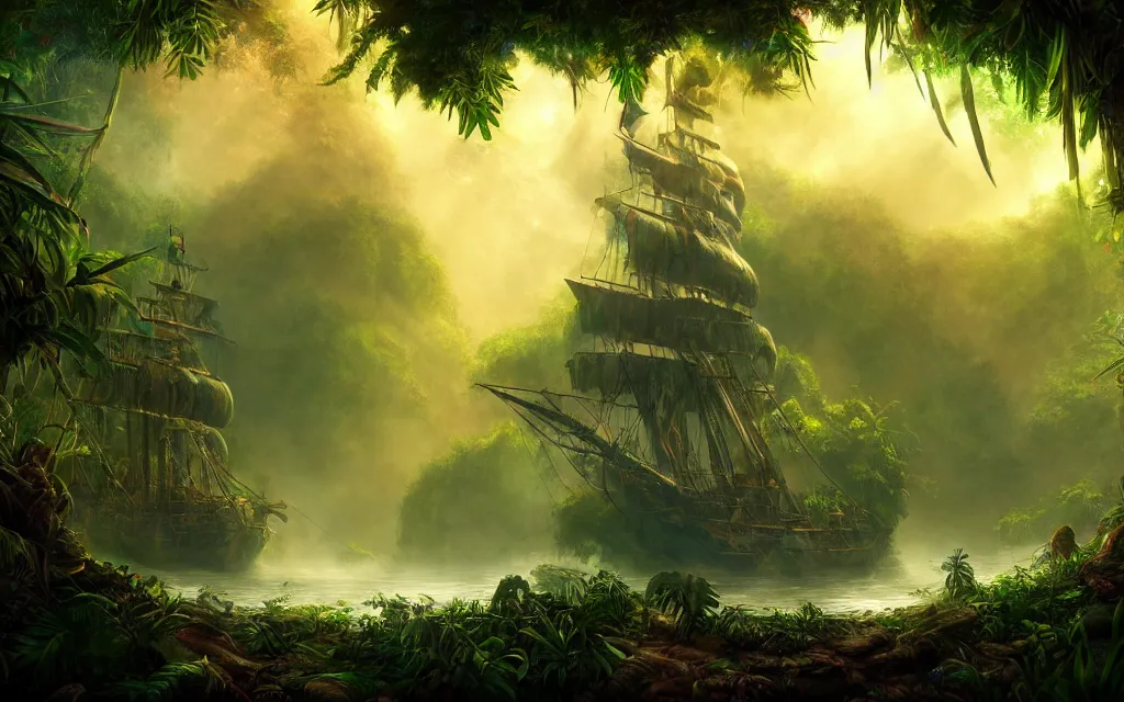 Prompt: a large pirate ship in a dense jungle, misty background, light rays, beautiful lighting, vivid colors, intricate, elegant, highly detailed digital painting, concept art, smooth, sharp focus, unreal engine, 4 k wallpaper, trending on cgsociety, trending on artstation