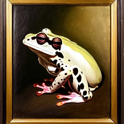Prompt: a side profile painting of an amazon milk frog wearing a black waistcoat, an american romanticism painting by john trumbull, a portrait painting, american romanticism, cgsociety, soft focus