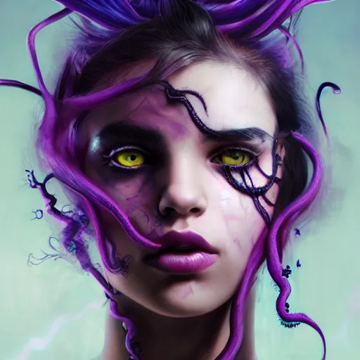 Image similar to detailed photo portrait of a furious teen girl with thin, hair-like purple tentacles on her head and bright purple eyes, 8k,by tristan eaton, Stanley Artgermm,Tom Bagshaw,Greg Rutkowski,Carne Griffiths,trending on DeviantArt, face enhance,hyper detailed ,full of colour, dramatic lightning