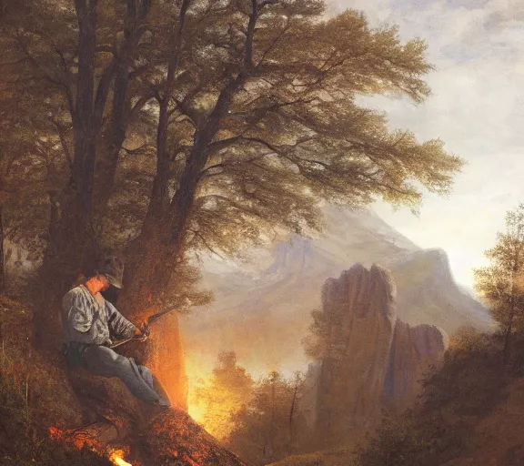 Image similar to landscape portrait of tyler childers working on a building out of hand hewn brimstone, all alone by william sidney mount, trending on artstation