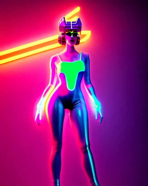 Image similar to ultra realistic photo of a cyber neon queen, retro futurism, full body pose, thick fancy eyeliner, hyper photorealistic, fashion photography, digital photography, trending on artstation, cinematic, 4 k ultra hd, art by pascal blanche, art by greg rutkowski