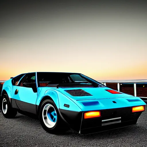 Image similar to detomaso pantera, night, headlights are on, professional photography, vaporwave