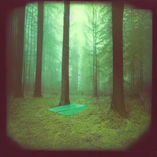 Prompt: a traffic light in the middle of a forest clearing, old polaroid, expired film, foggy, dark, surreal, eerie, creepy,