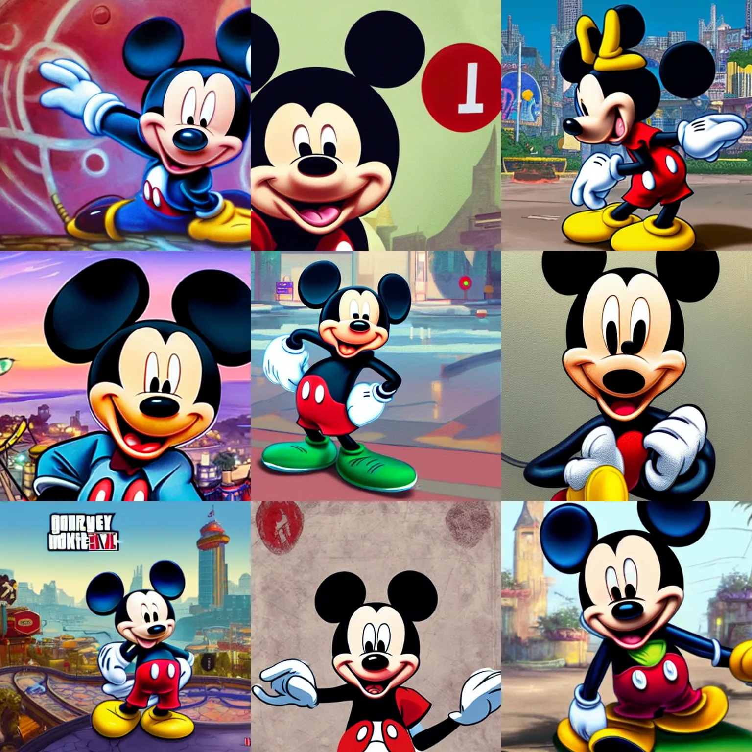 Prompt: Mickey Mouse as a character in the game GTA VI, with a background based on the game League of Legends, detailed face, PAINTING BY android jones