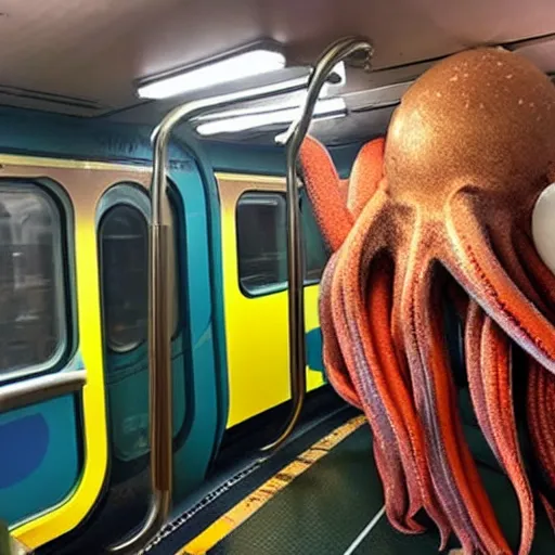 Prompt: of a giant octopus invading a interior of a subway train in new york,