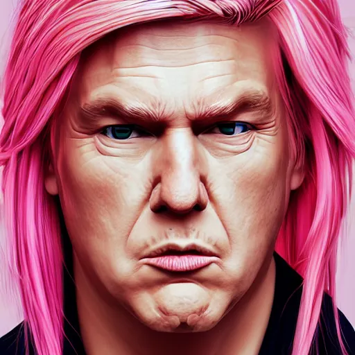 Prompt: portrait of donald trump with pink hair, boho chic. symmetry face, fine details. realistic shaded lighting, by sakimichan, kidmo, trending on pixiv, trending on artstation