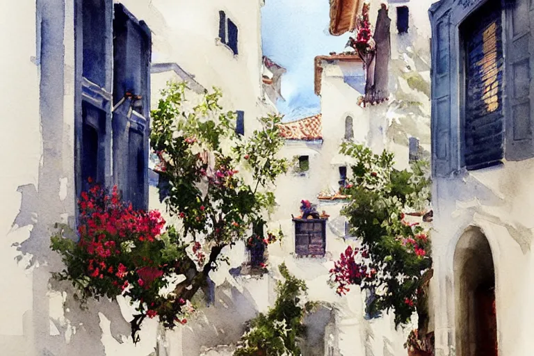 Prompt: abstract watercolor painting of spanish street, white buildings, flowers in window, summer, magical and traditional, cinematic light, sharp shadows, daylight, national romanticism by anders zorn, by greg rutkowski, by greg manchess