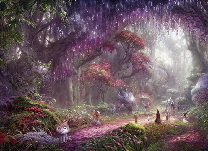 Image similar to magical fantasy forest, magical cat creatures, path traced, highly detailed, high quality, digital painting, by studio ghibli, lise deharme, alexander jansson, paul lehr, tim white, hans zatzka, george stubbs, louis wain