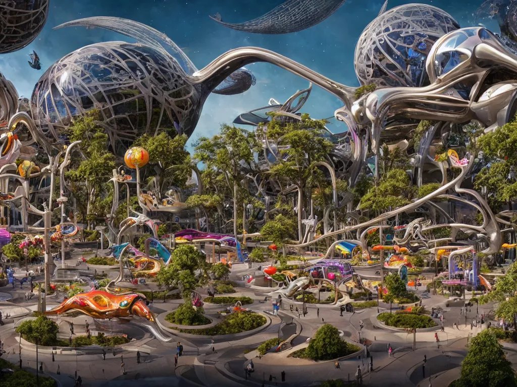 Image similar to a busy elaborate ornate outdoor science museum, cinematic, shadows, 4 k, detailed, by zaha hadid and lisa frank and peter jackson and ridley scott and beeple and greg rutowski