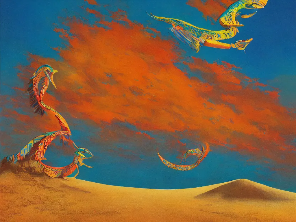 Prompt: quetzalcoatl flying over sand dunes and an ocean on a strange planet, by bruce pennington, by sam freio, by thomas rome, by victor mosquera, juxtapoz, behance, dayglo, prismatic, iridescent