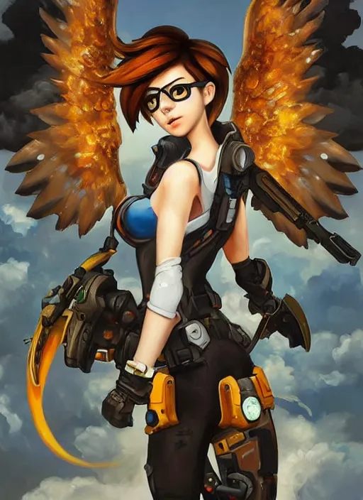 Image similar to full body oil painting of tracer overwatch in the style of sophie anderson, angel wings, black garment, dramatic painting, wearing steel collar,