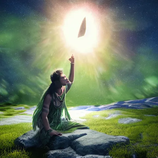 Prompt: a druid shaman performing a ritual to invoke spirits, northern light, visionary painting masterpiece, realistic, highly detailed, octane render