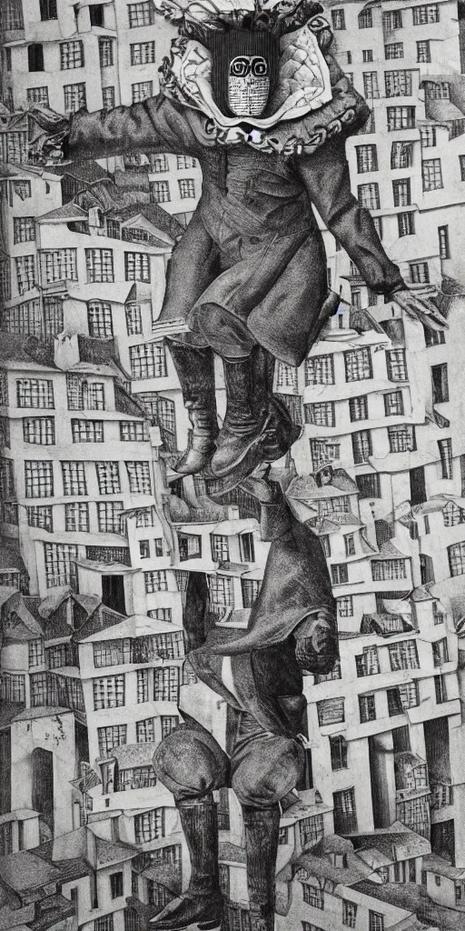 Prompt: faceless man flies through an MC Escher city, wearing a comedy mask in elizabethan boots and ruff, dramatic theater lighting