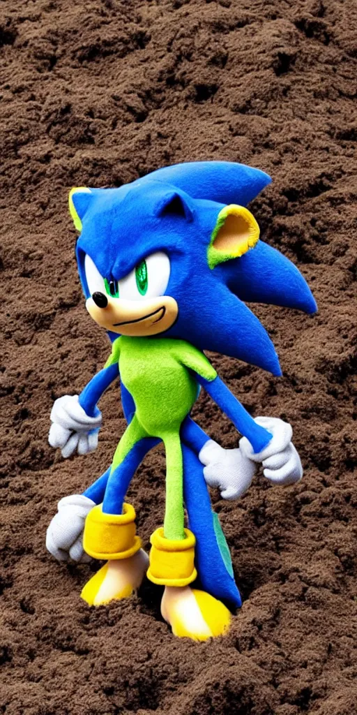 Image similar to a crushed plush of Sonic in dirt and mud below a dramatic sky with intricated spells and stormcloud glimpses of flares and beams airbrush tones