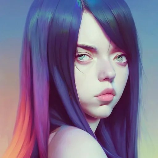 Image similar to a beautiful billie eilish kat dennings alluring instagram model in elaborate latex tank top, by guweiz and wlop and ilya kuvshinov and artgerm and makoto shinkai and studio ghibli, symmetrical eyes, aesthetic, gorgeous, stunning, alluring, attractive, artstation, deviantart, pinterest, digital art